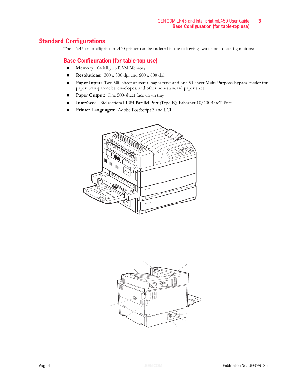 Standard configurations, Base configuration (for table-top use) | Genicom LN45 User Manual | Page 15 / 214