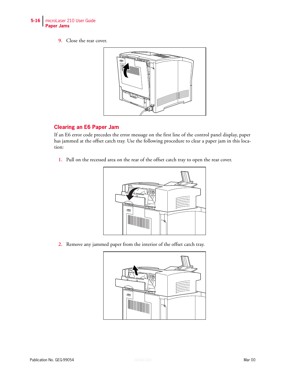 Clearing an e6 paper jam, Clearing an e6 paper jam 5-16 | Genicom microLaser 210 User Manual | Page 100 / 212