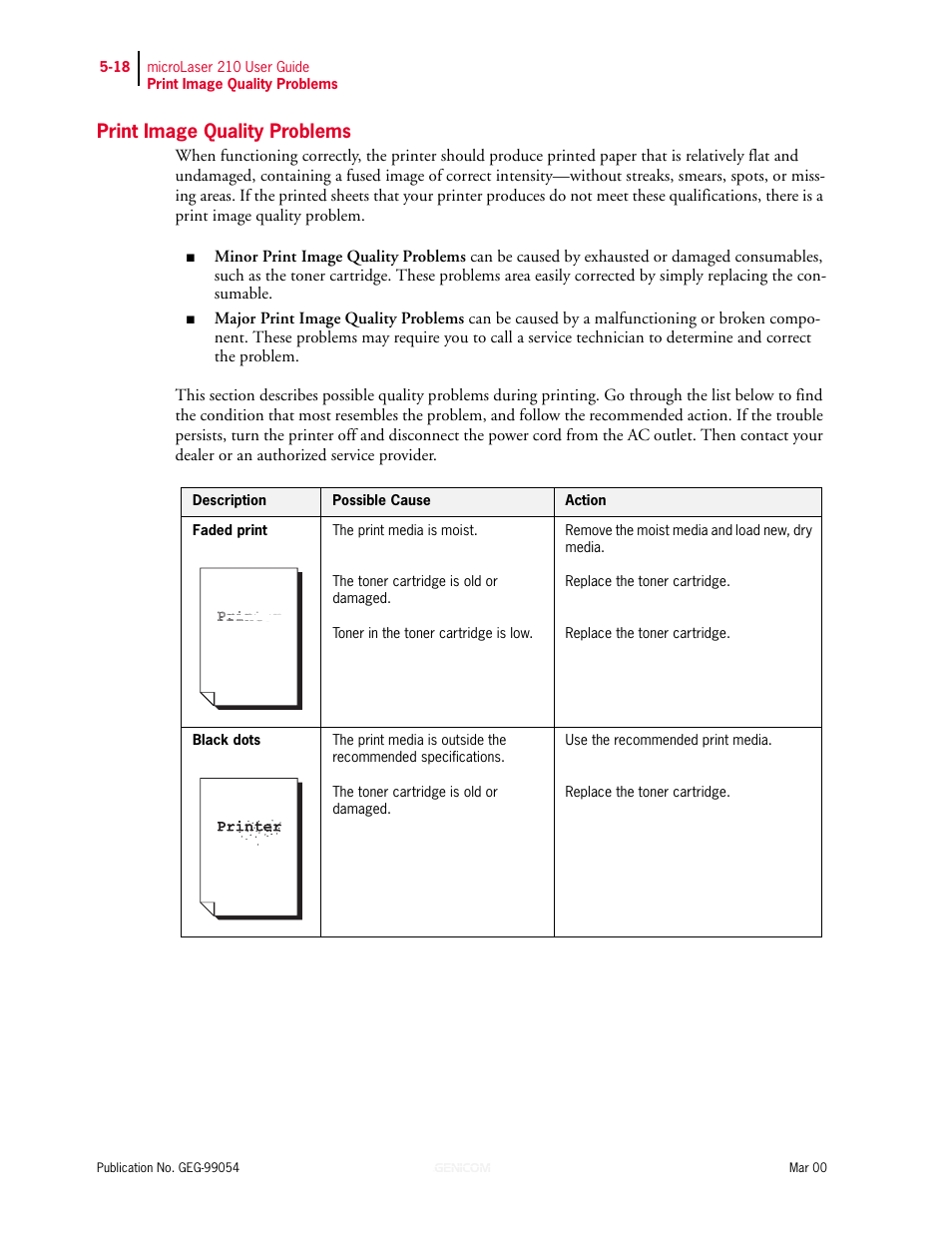 Print image quality problems, Print image quality problems 5-18 | Genicom microLaser 210 User Manual | Page 102 / 212