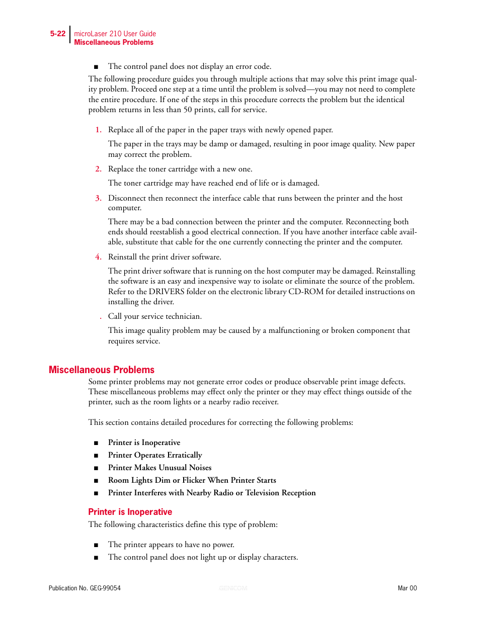 Miscellaneous problems, Printer is inoperative, Miscellaneous problems 5-22 | Printer is inoperative 5-22 | Genicom microLaser 210 User Manual | Page 106 / 212