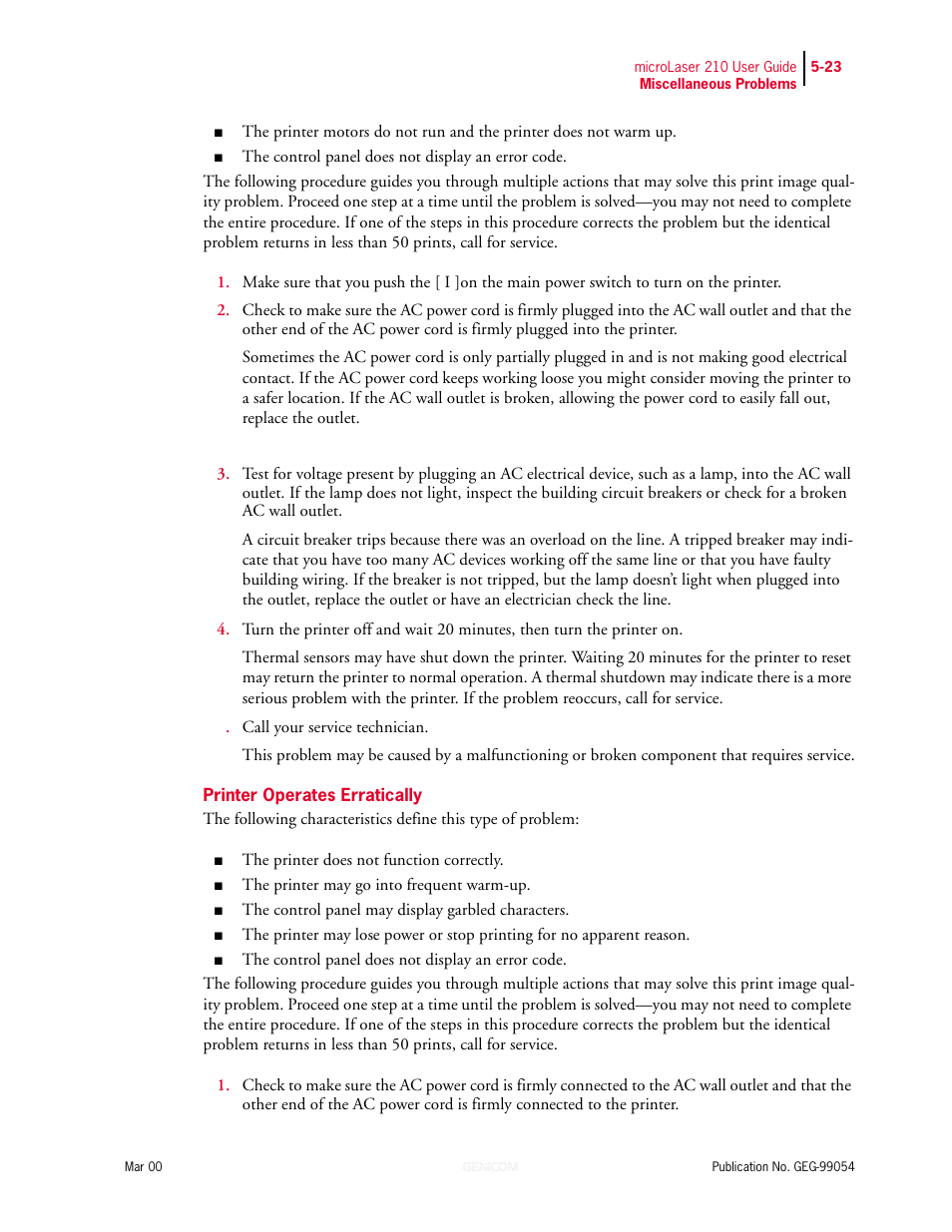 Printer operates erratically, Printer operates erratically 5-23 | Genicom microLaser 210 User Manual | Page 107 / 212