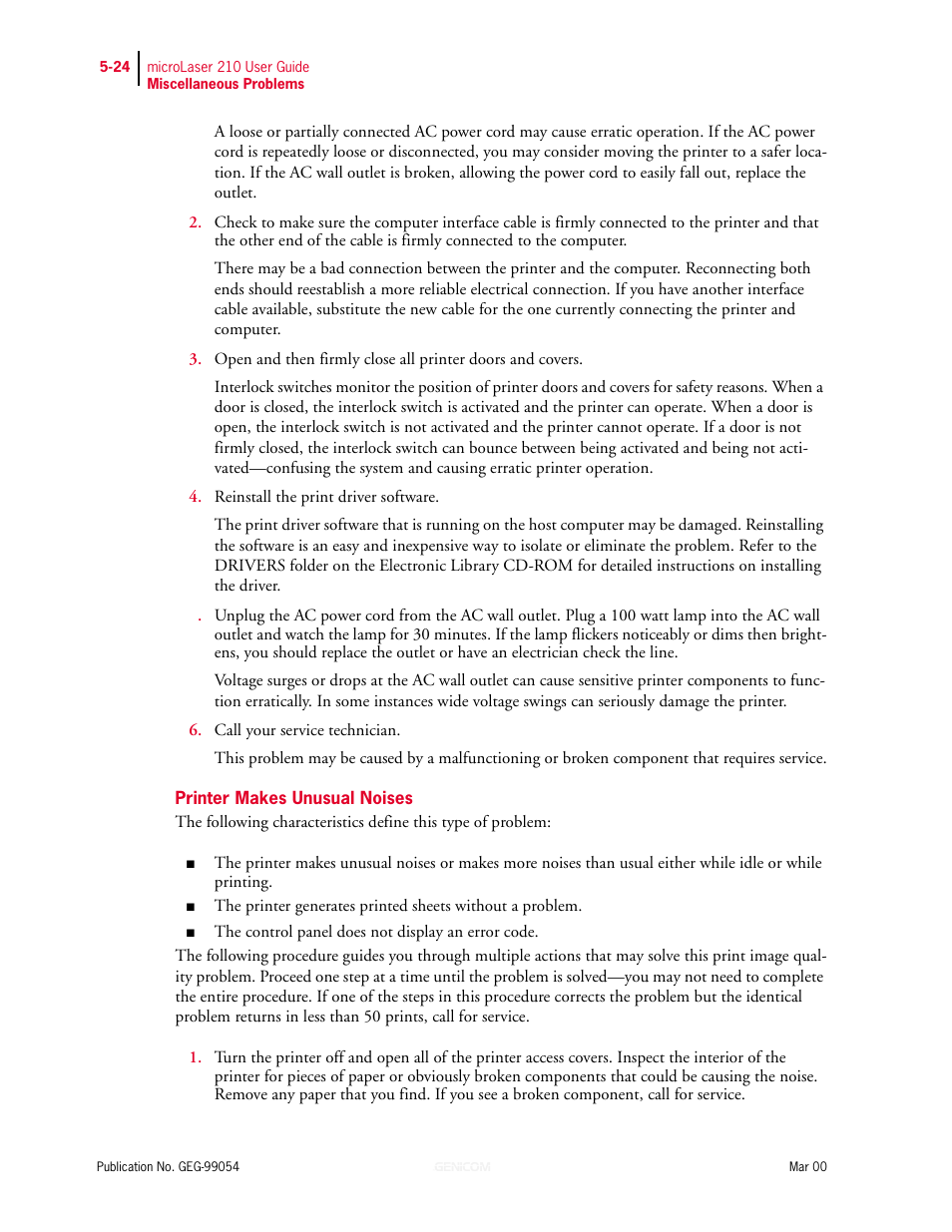 Printer makes unusual noises, Printer makes unusual noises 5-24 | Genicom microLaser 210 User Manual | Page 108 / 212
