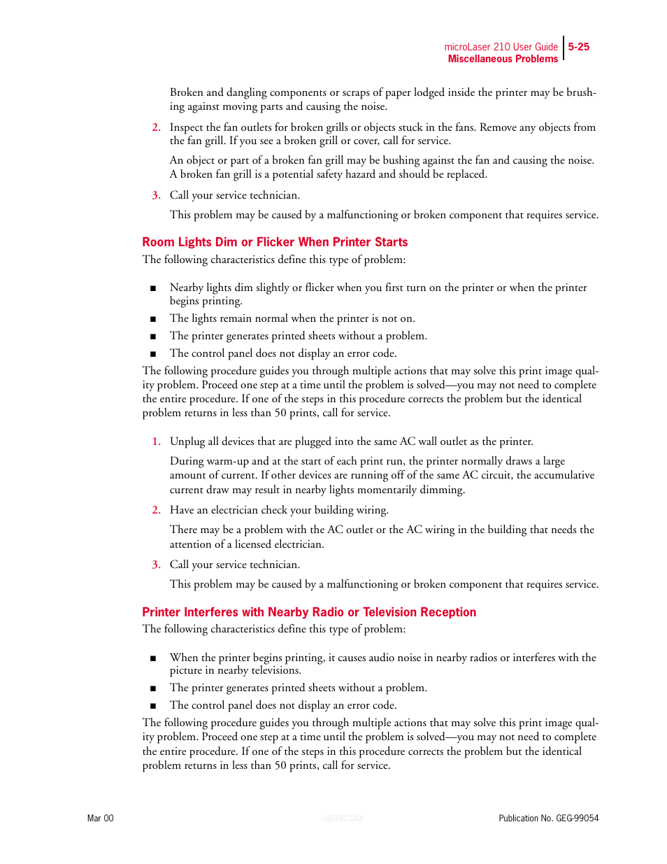 Room lights dim or flicker when printer starts | Genicom microLaser 210 User Manual | Page 109 / 212