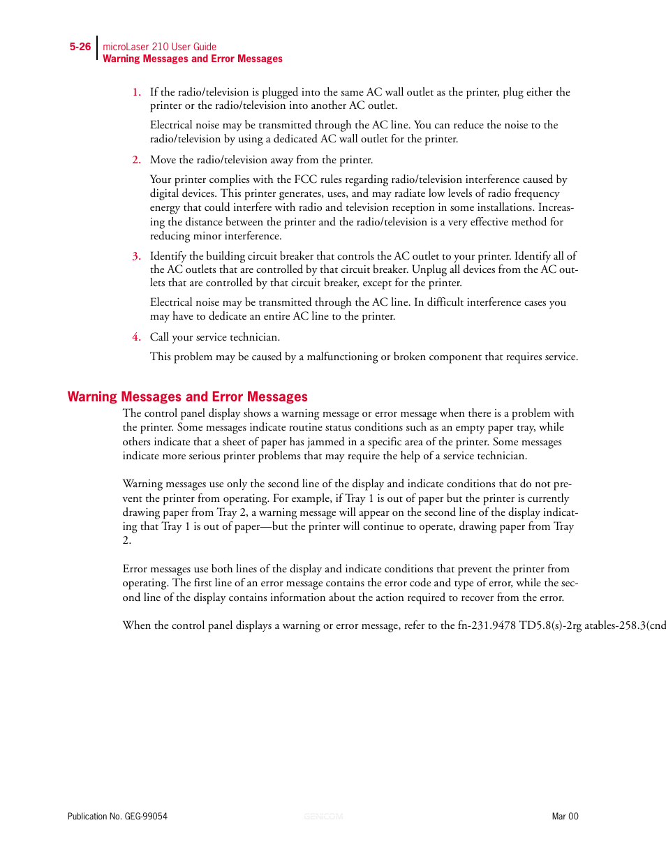 Warning messages and error messages, Warning messages and error messages 5-26 | Genicom microLaser 210 User Manual | Page 110 / 212
