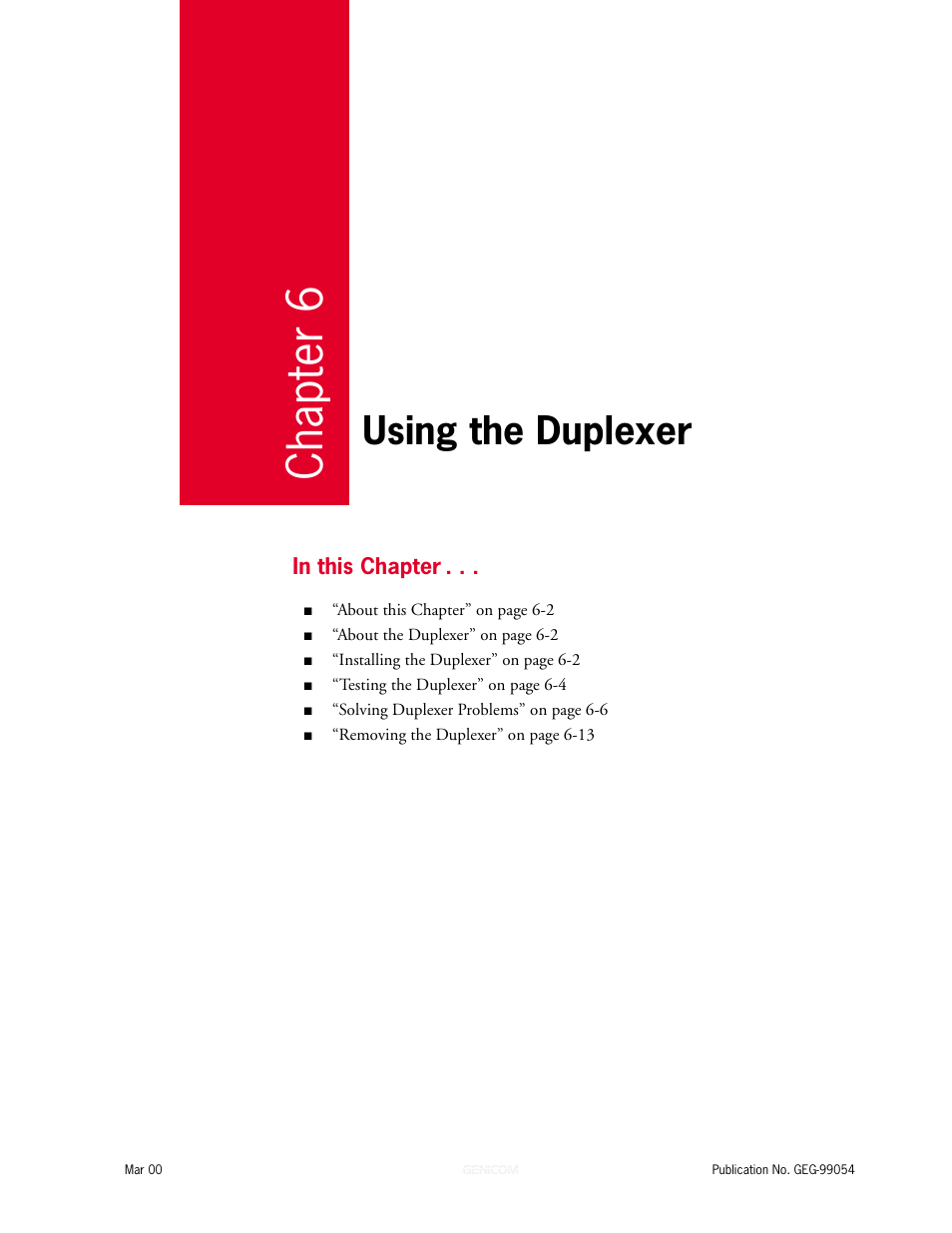 Chapter 6: using the duplexer, Chapter 6, Using the duplexer 6-1 | Using the duplexer | Genicom microLaser 210 User Manual | Page 115 / 212