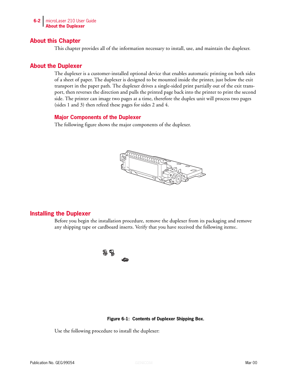 About this chapter, About the duplexer, Major components of the duplexer | Installing the duplexer, About the duplexer 6-2, Major components of the duplexer 6-2, Installing the duplexer 6-2 | Genicom microLaser 210 User Manual | Page 116 / 212