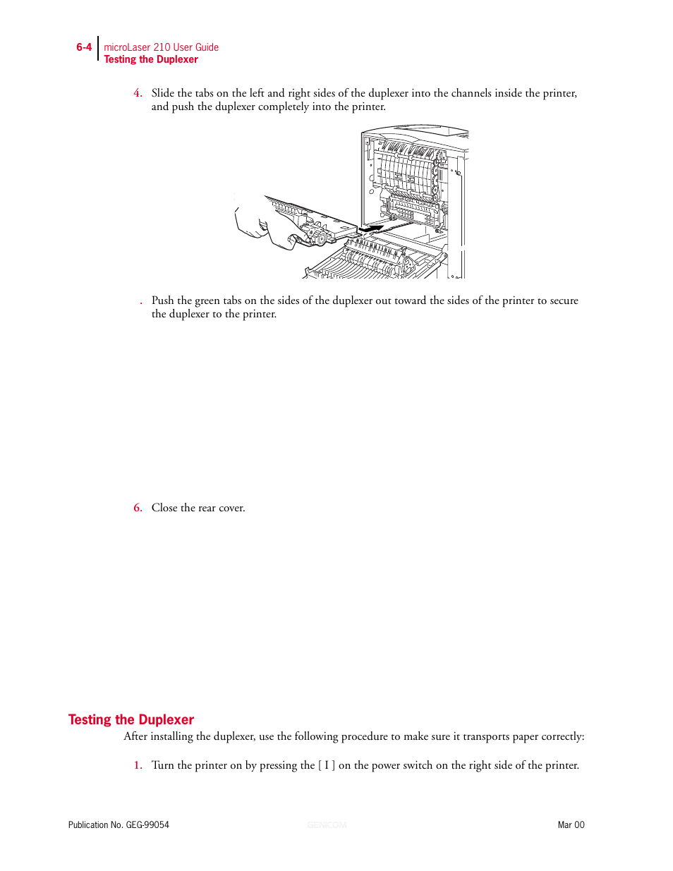 Testing the duplexer, Testing the duplexer 6-4 | Genicom microLaser 210 User Manual | Page 118 / 212
