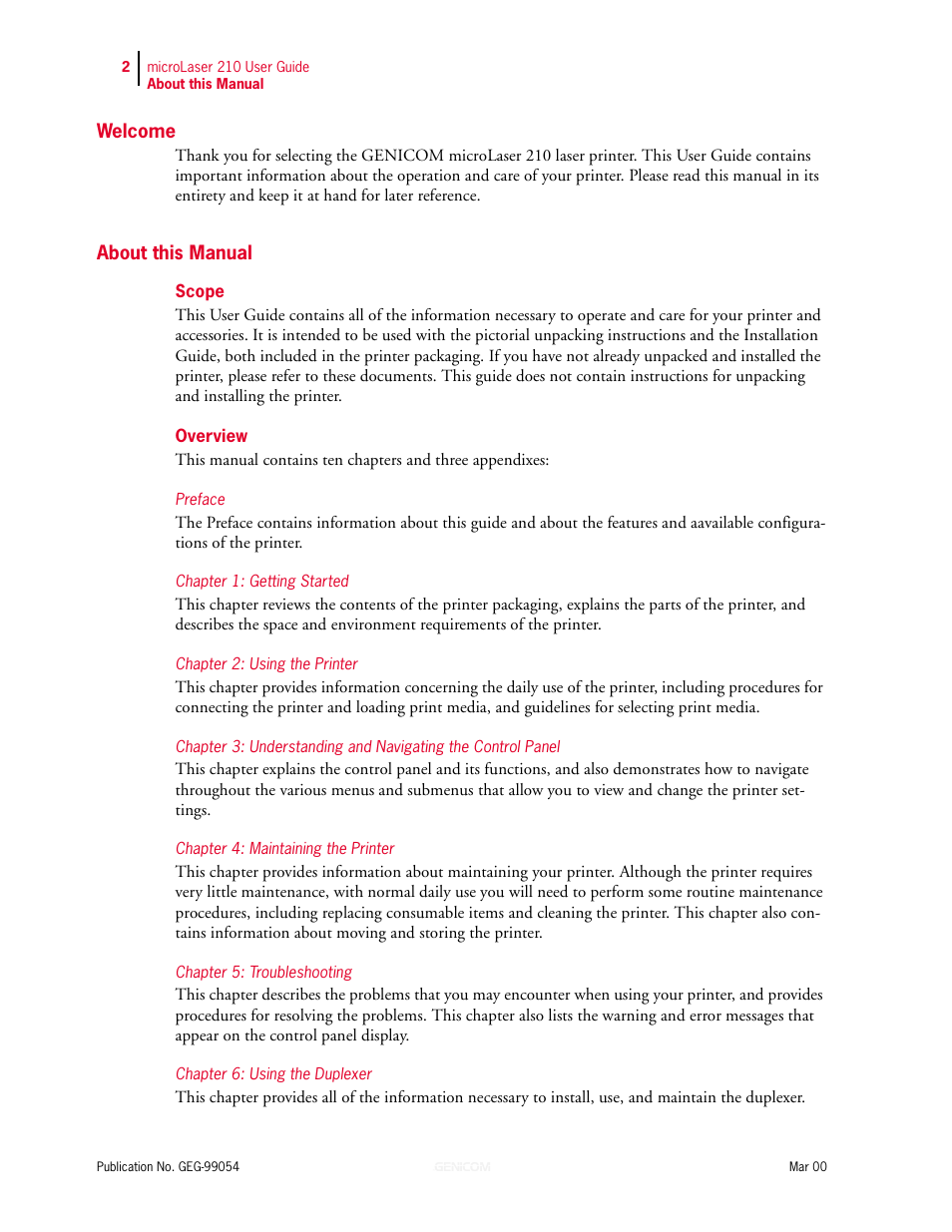 Welcome, About this manual, Scope | Overview, Preface, Chapter 1: getting started, Chapter 2: using the printer, Chapter 4: maintaining the printer, Chapter 5: troubleshooting, Chapter 6: using the duplexer | Genicom microLaser 210 User Manual | Page 12 / 212