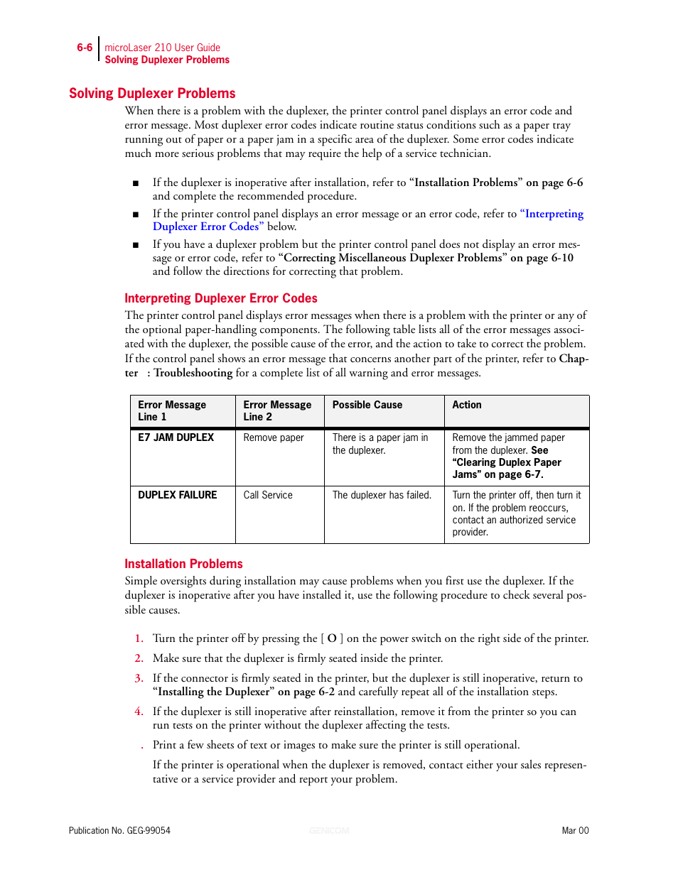Solving duplexer problems, Interpreting duplexer error codes, Installation problems | Solving duplexer problems 6-6 | Genicom microLaser 210 User Manual | Page 120 / 212