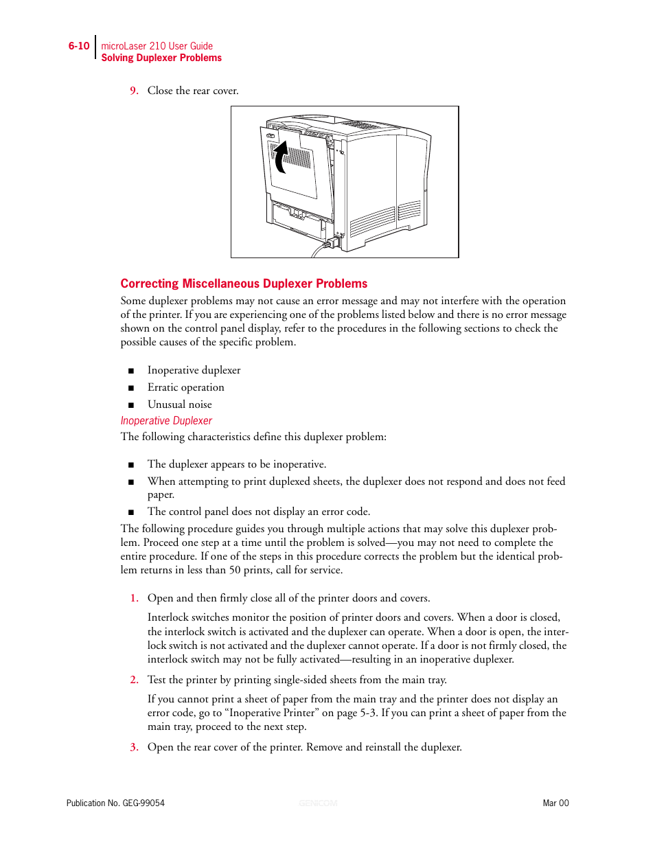 Correcting miscellaneous duplexer problems, Inoperative duplexer, Correcting miscellaneous duplexer problems 6-10 | Genicom microLaser 210 User Manual | Page 124 / 212