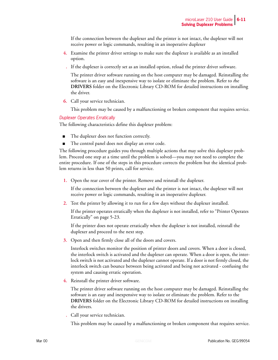 Duplexer operates erratically | Genicom microLaser 210 User Manual | Page 125 / 212