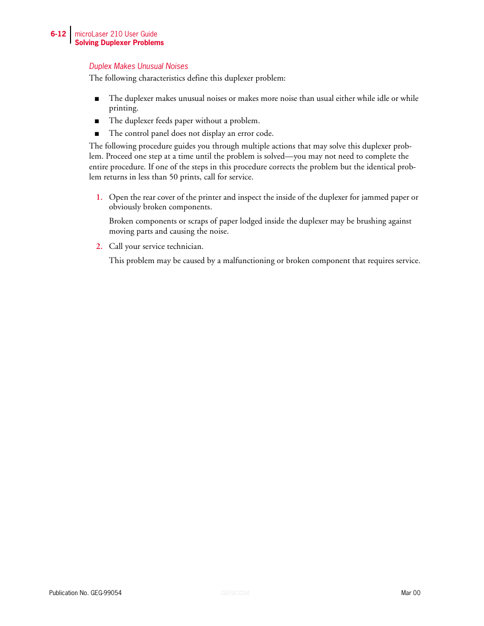Duplex makes unusual noises | Genicom microLaser 210 User Manual | Page 126 / 212