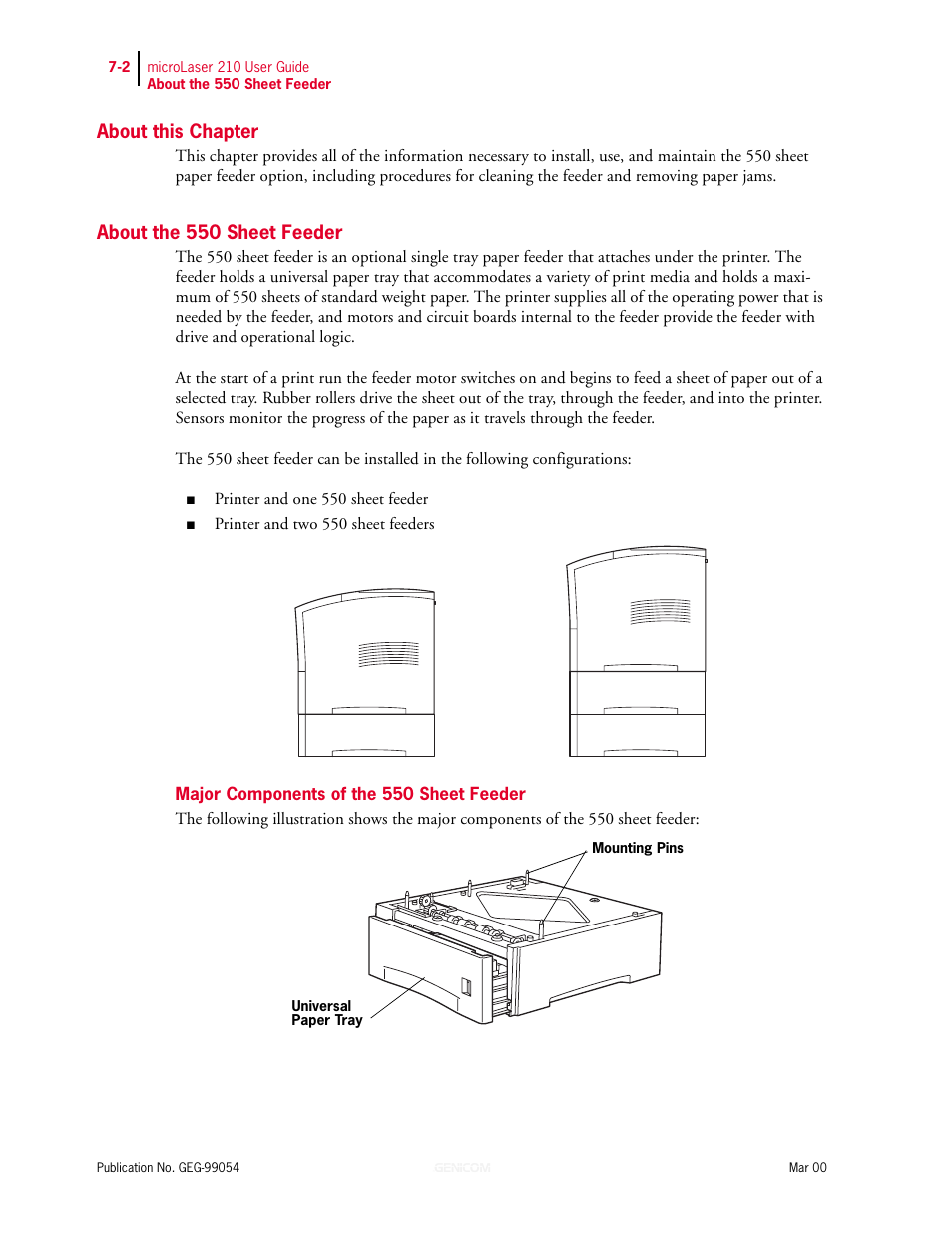 About this chapter, About the 550 sheet feeder, Major components of the 550 sheet feeder | About the 550 sheet feeder 7-2, Major components of the 550 sheet feeder 7-2 | Genicom microLaser 210 User Manual | Page 130 / 212