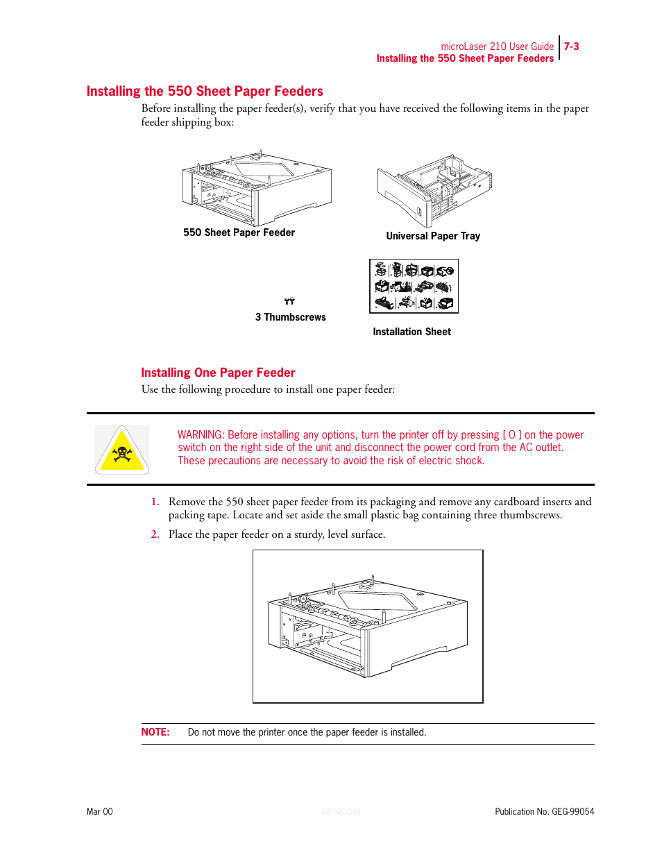 Installing the 550 sheet paper feeders, Installing one paper feeder, Installing the 550 sheet paper feeders 7-3 | Installing one paper feeder 7-3 | Genicom microLaser 210 User Manual | Page 131 / 212