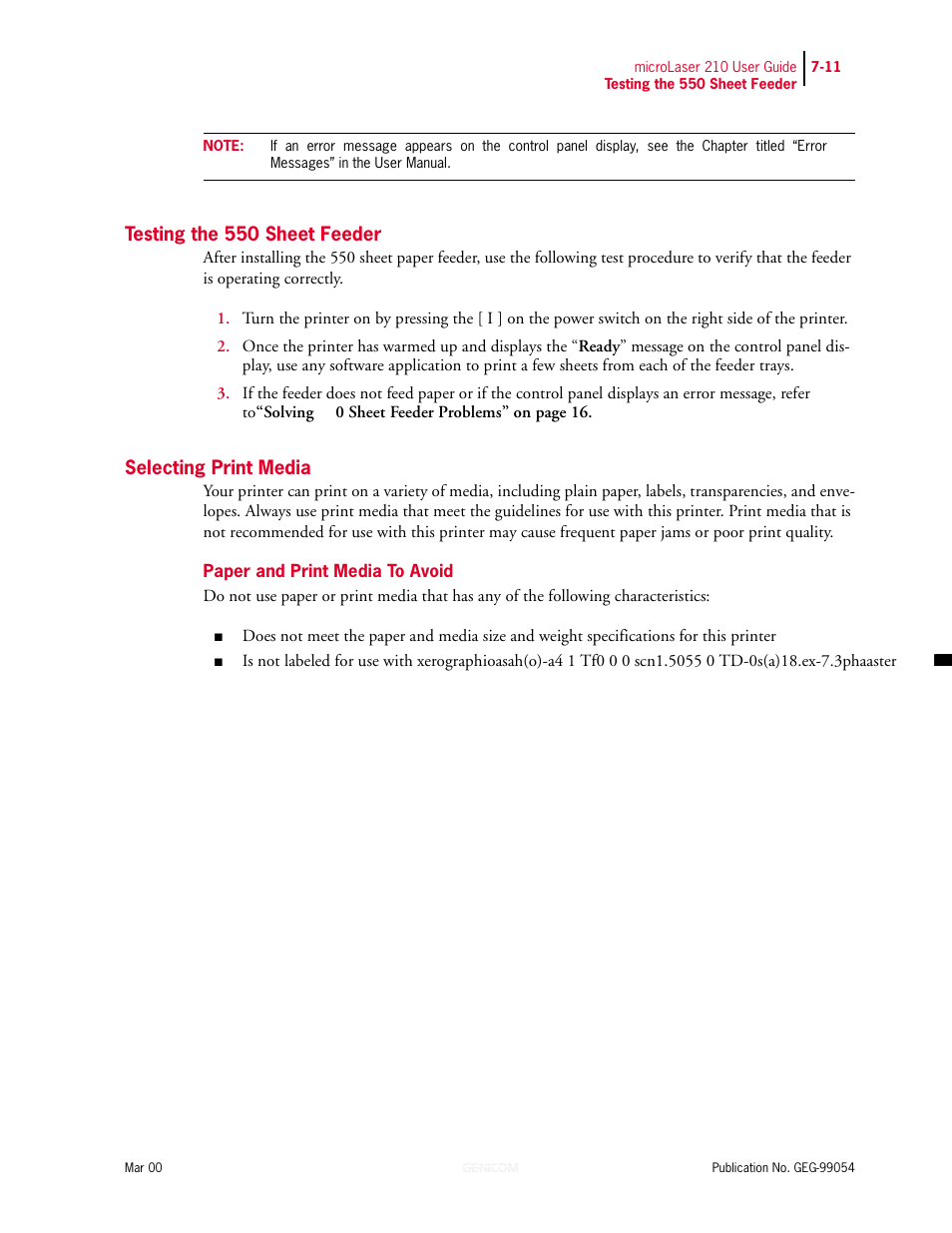 Testing the 550 sheet feeder, Selecting print media, Paper and print media to avoid | Correct paper storage, Testing the 550 sheet feeder 7-11, Selecting print media 7-11 | Genicom microLaser 210 User Manual | Page 139 / 212