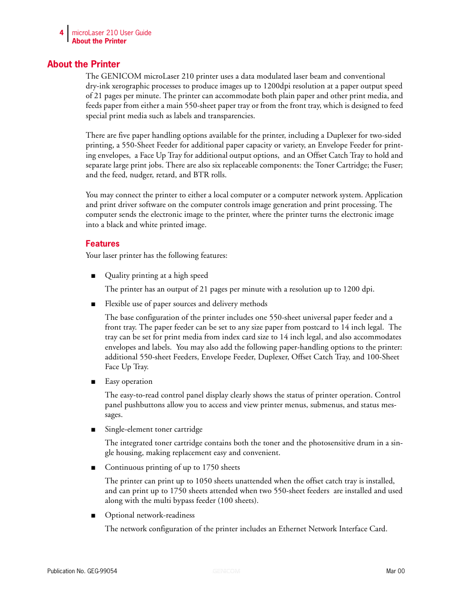About the printer, Features, About the printer 5 | Features 5 | Genicom microLaser 210 User Manual | Page 14 / 212