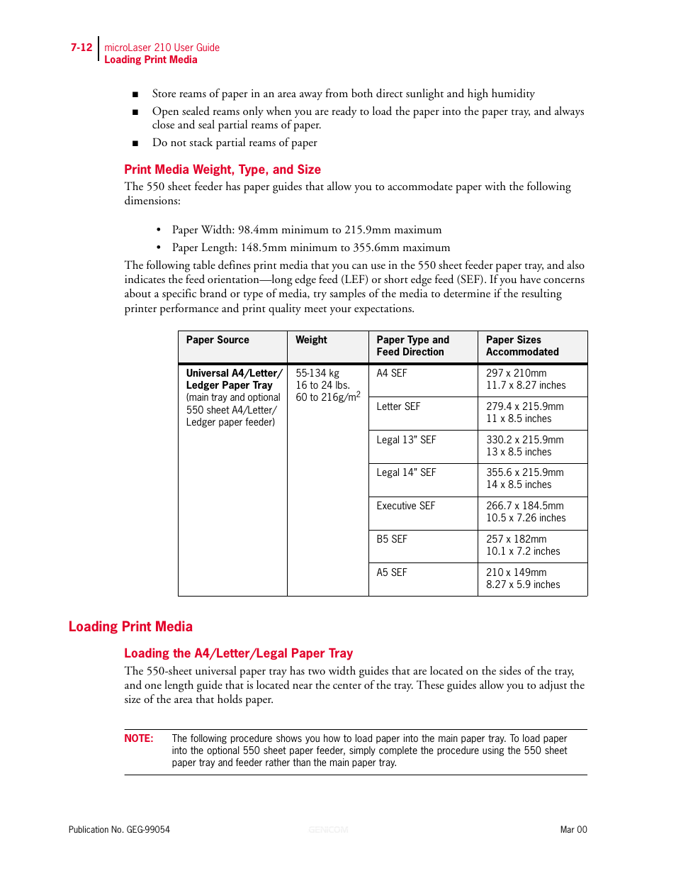Print media weight, type, and size, Loading print media, Loading the a4/letter/legal paper tray | Print media weight, type, and size 7-12, Loading print media 7-12, Loading the a4/letter/legal paper tray 7-12 | Genicom microLaser 210 User Manual | Page 140 / 212