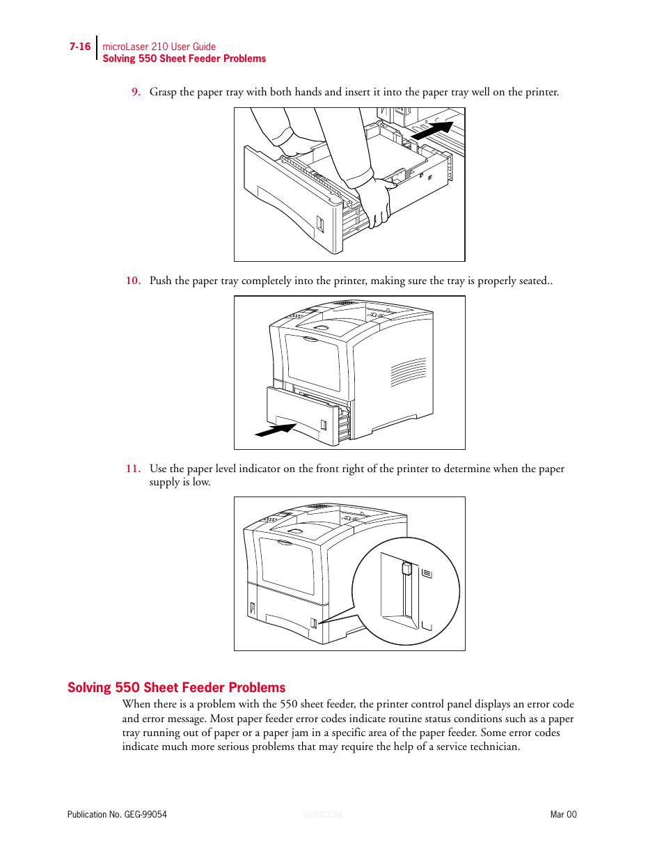 Solving 550 sheet feeder problems, Solving 550 sheet feeder problems 7-16 | Genicom microLaser 210 User Manual | Page 144 / 212