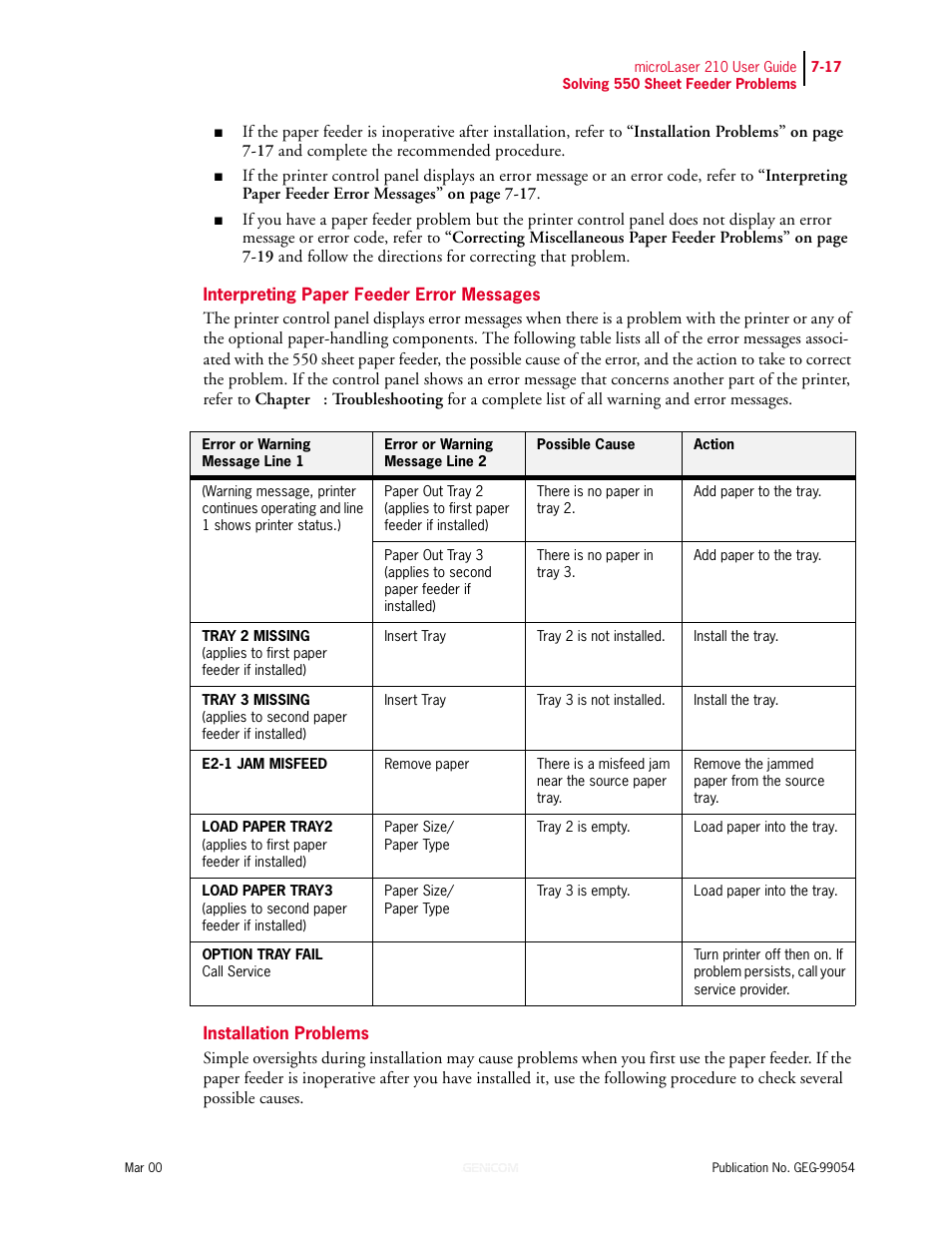 Interpreting paper feeder error messages, Installation problems | Genicom microLaser 210 User Manual | Page 145 / 212