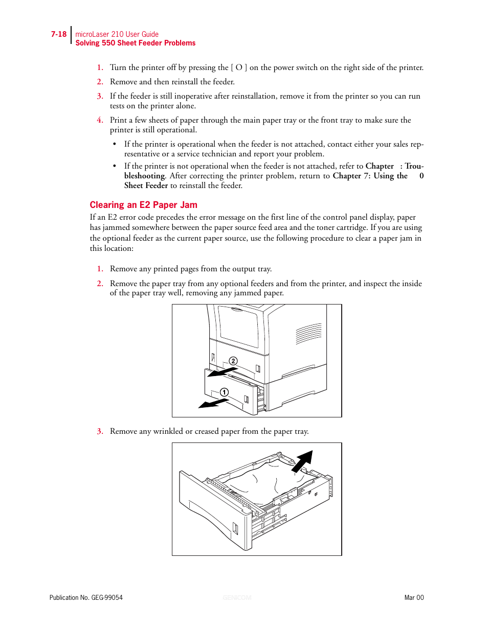 Clearing an e2 paper jam, Clearing an e2 paper jam 7-18 | Genicom microLaser 210 User Manual | Page 146 / 212