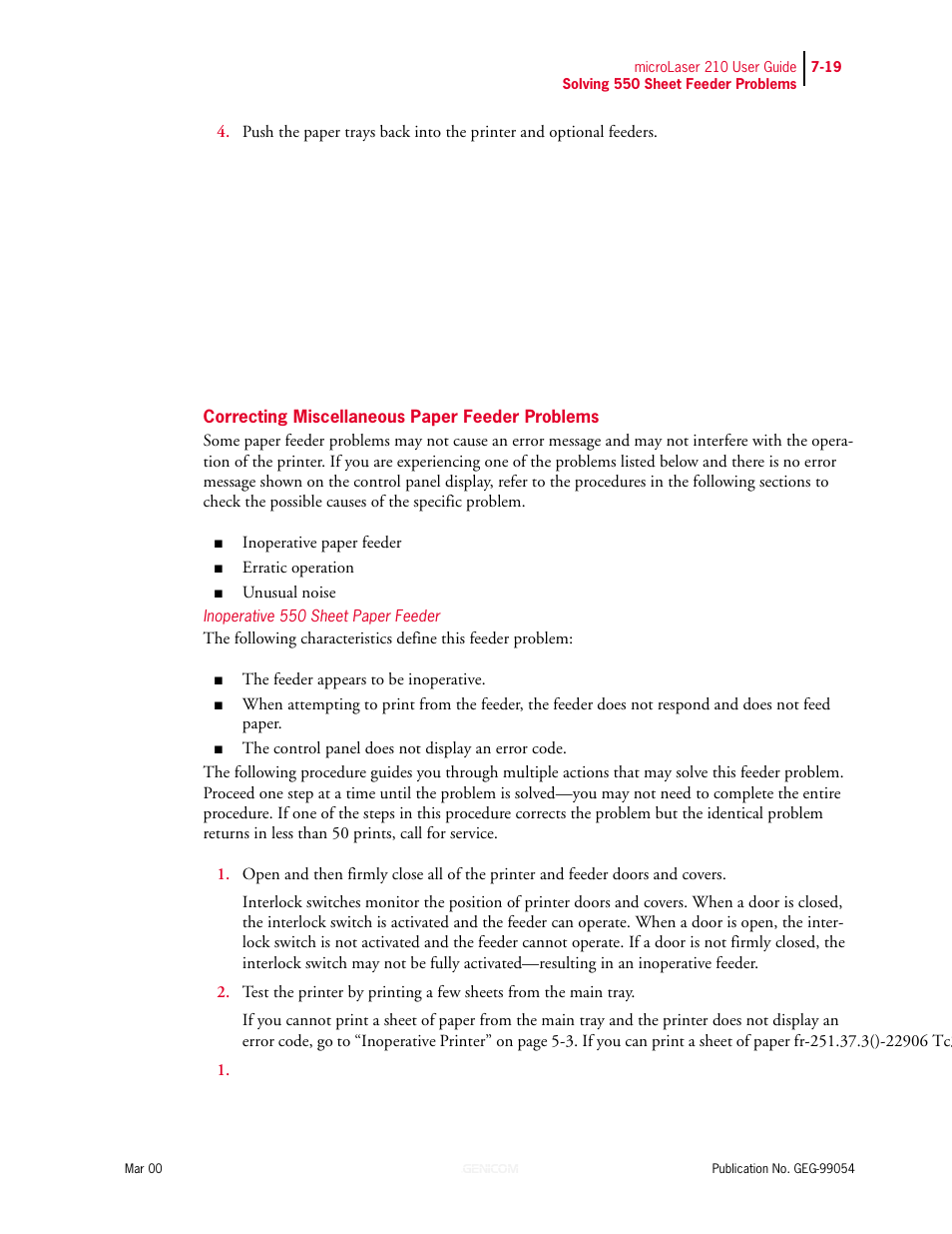 Correcting miscellaneous paper feeder problems, Inoperative 550 sheet paper feeder | Genicom microLaser 210 User Manual | Page 147 / 212