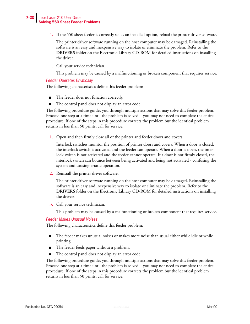 Feeder operates erratically, Feeder makes unusual noises | Genicom microLaser 210 User Manual | Page 148 / 212