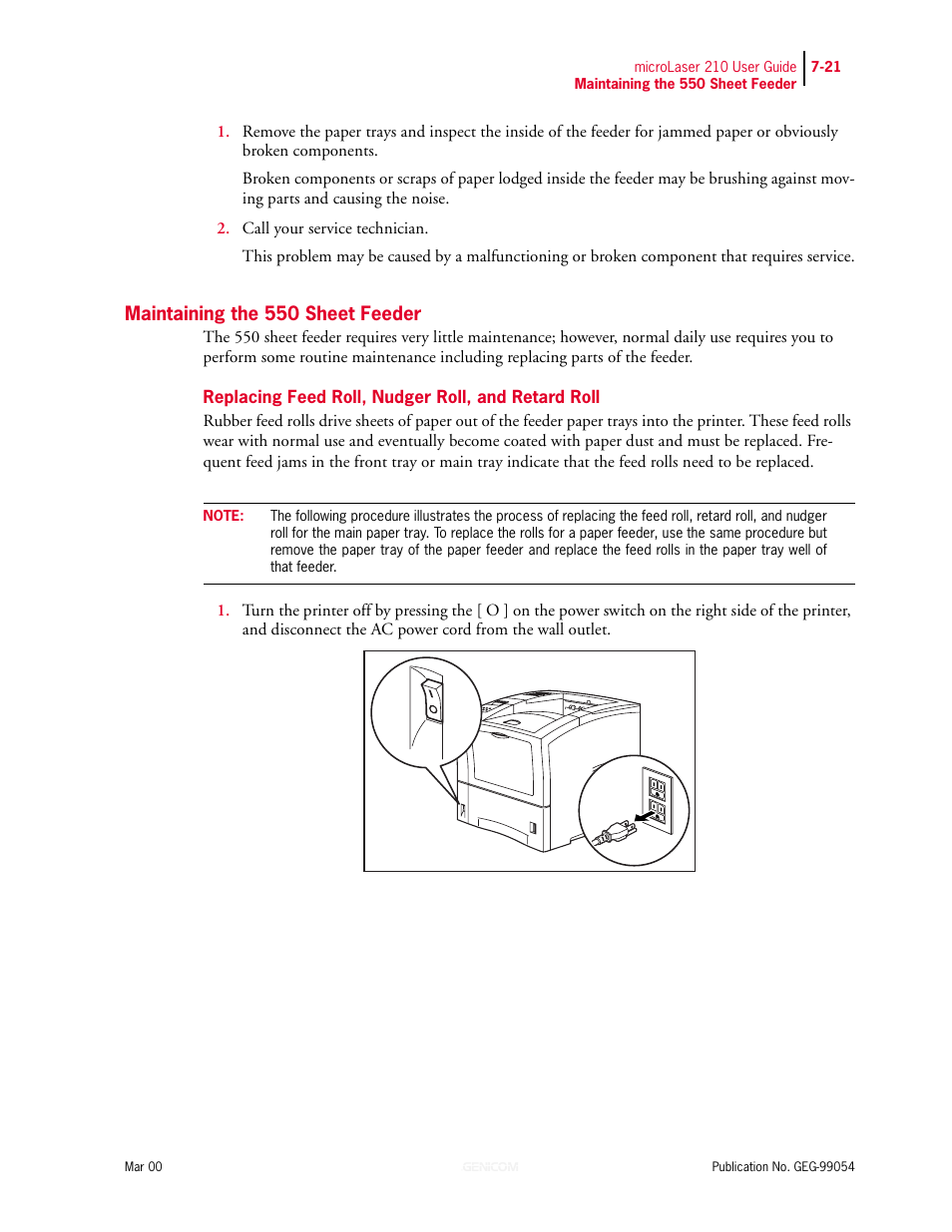 Maintaining the 550 sheet feeder, Replacing feed roll, nudger roll, and retard roll, Maintaining the 550 sheet feeder 7-21 | Genicom microLaser 210 User Manual | Page 149 / 212
