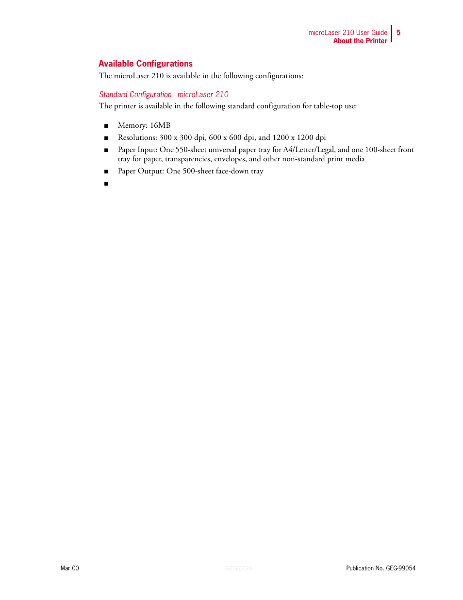 Available configurations, Standard configuration - microlaser 210, Network configuration - microlaser 210n | Available configurations 6 | Genicom microLaser 210 User Manual | Page 15 / 212