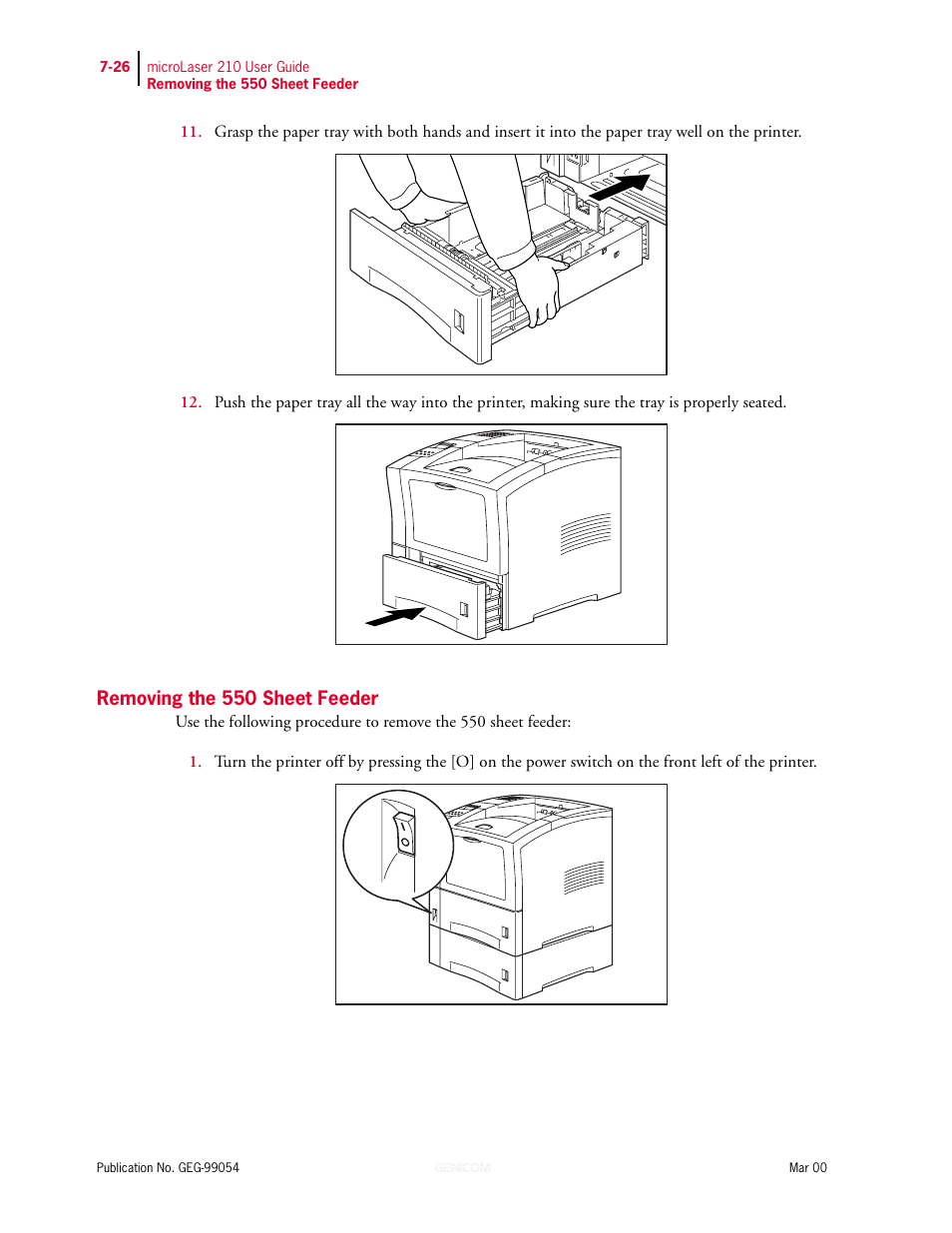Removing the 550 sheet feeder, Removing the 550 sheet feeder 7-26 | Genicom microLaser 210 User Manual | Page 154 / 212
