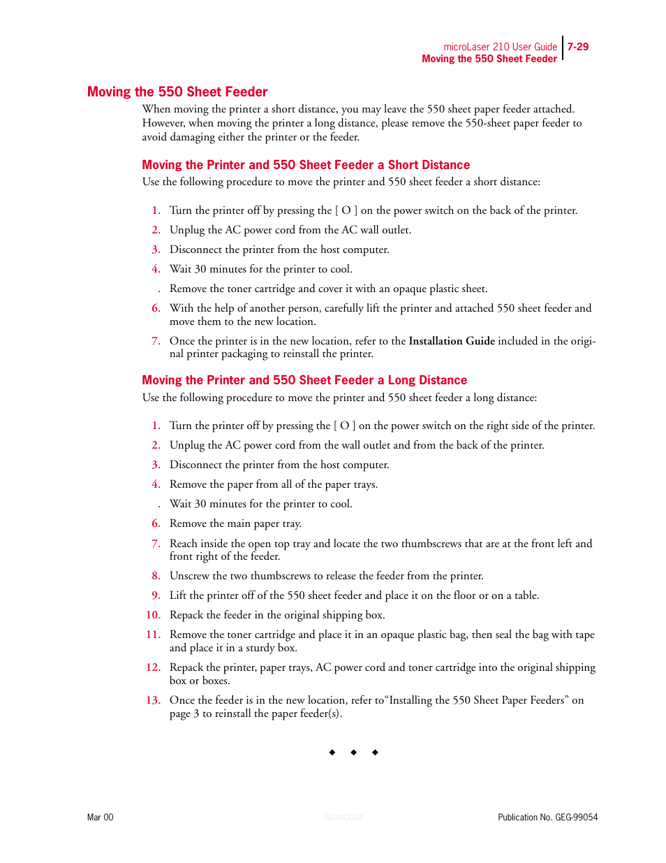 Moving the 550 sheet feeder, Moving the 550 sheet feeder 7-29 | Genicom microLaser 210 User Manual | Page 157 / 212
