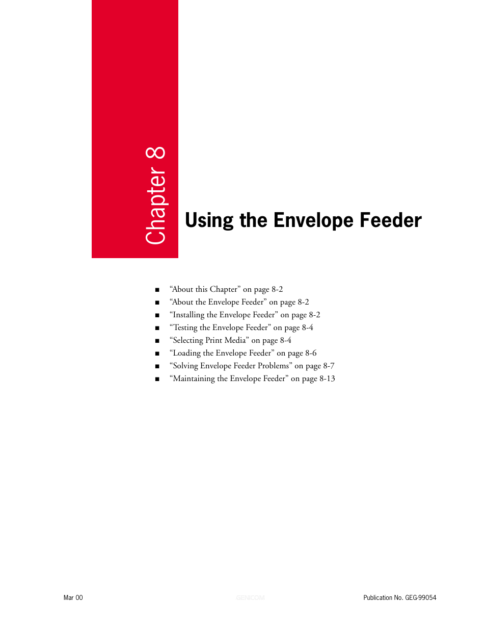 Chapter 8: using the envelope feeder, Chapter 8, Using the envelope feeder 8-1 | Using the envelope feeder | Genicom microLaser 210 User Manual | Page 159 / 212