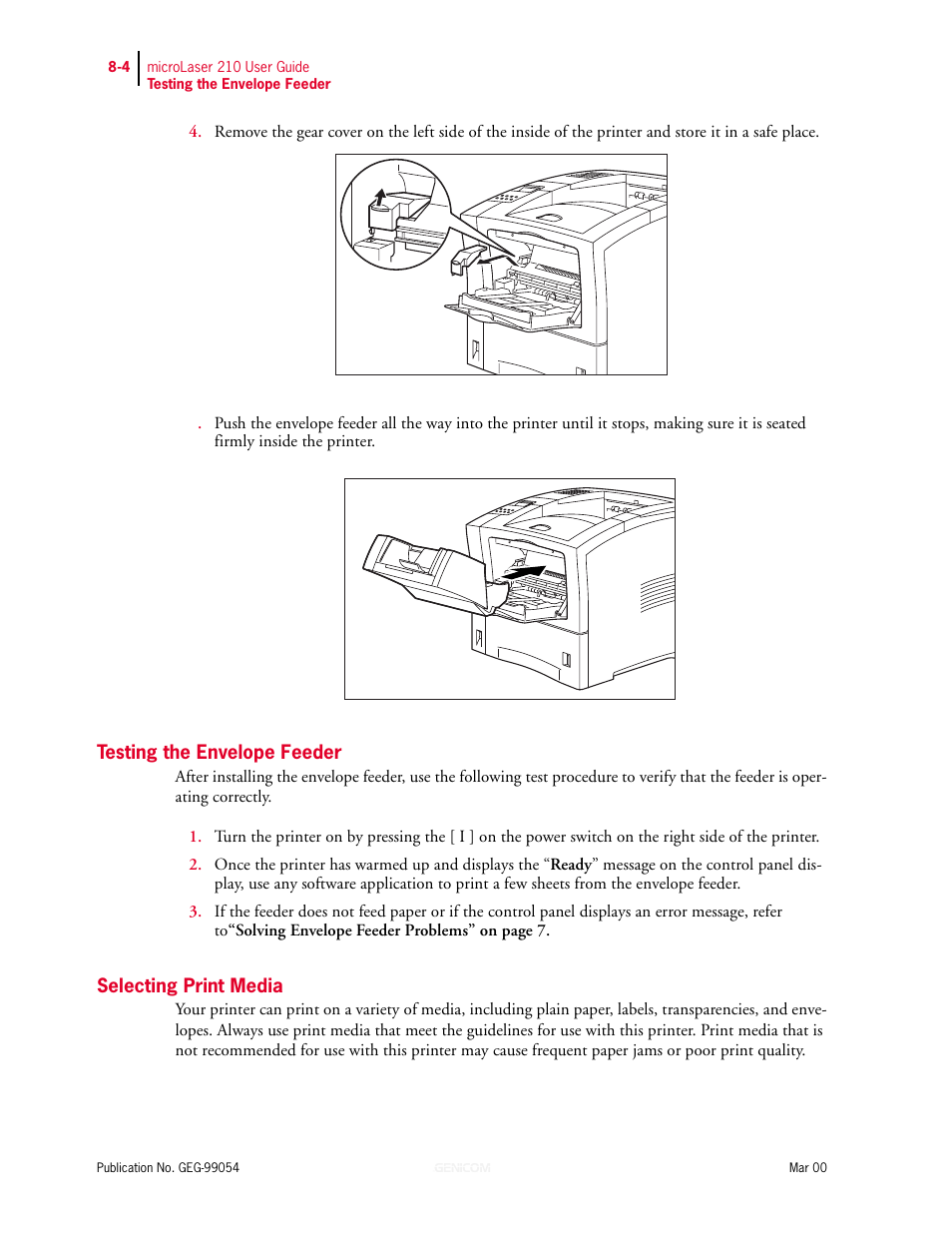 Testing the envelope feeder, Selecting print media, Testing the envelope feeder 8-4 | Selecting print media 8-4 | Genicom microLaser 210 User Manual | Page 162 / 212