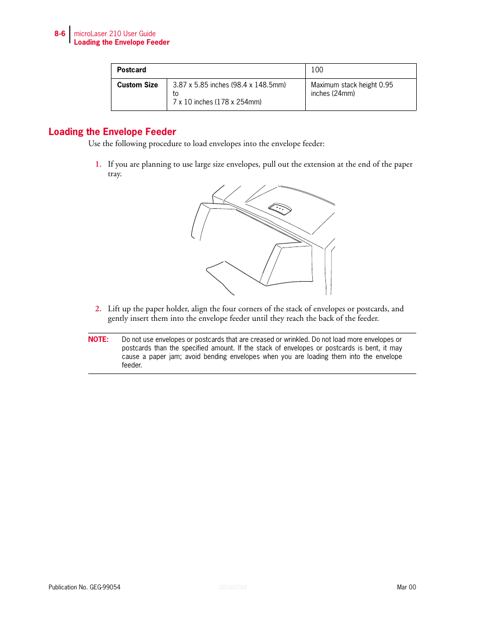 Loading the envelope feeder, Loading the envelope feeder 8-6 | Genicom microLaser 210 User Manual | Page 164 / 212