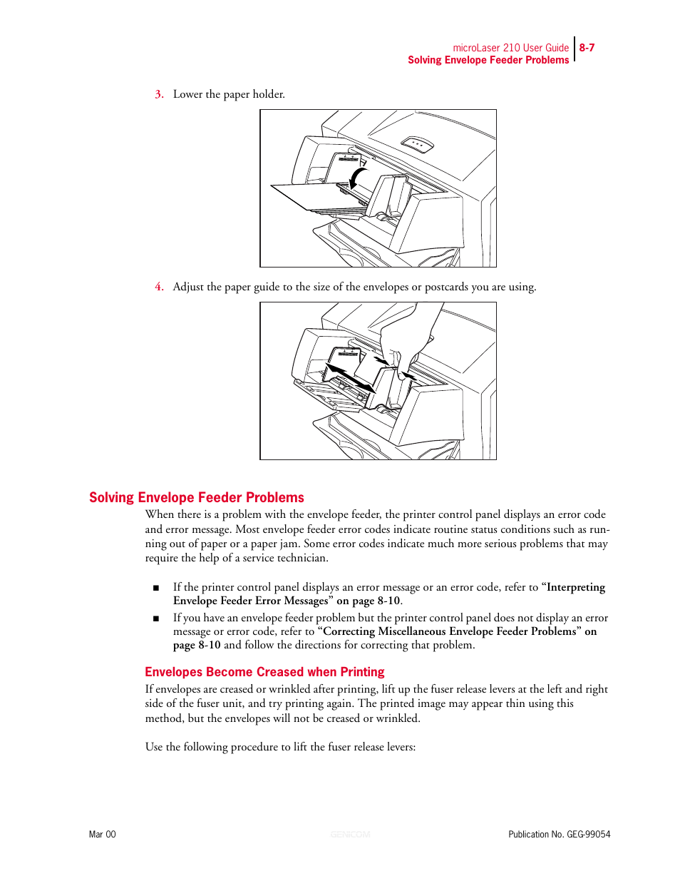 Solving envelope feeder problems, Envelopes become creased when printing, Solving envelope feeder problems 8-7 | Envelopes become creased when printing 8-7 | Genicom microLaser 210 User Manual | Page 165 / 212
