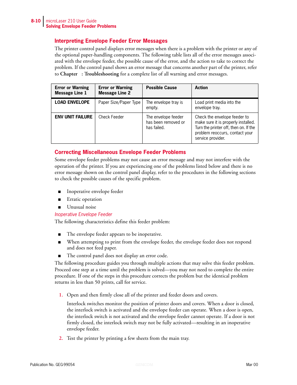 Interpreting envelope feeder error messages, Correcting miscellaneous envelope feeder problems, Inoperative envelope feeder | Genicom microLaser 210 User Manual | Page 168 / 212