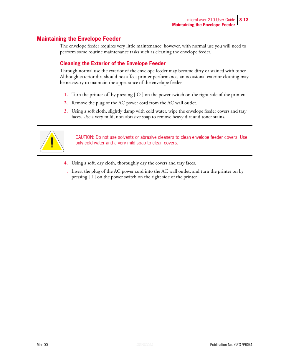 Maintaining the envelope feeder, Cleaning the exterior of the envelope feeder, Maintaining the envelope feeder 8-13 | Cleaning the exterior of the envelope feeder 8-13 | Genicom microLaser 210 User Manual | Page 171 / 212