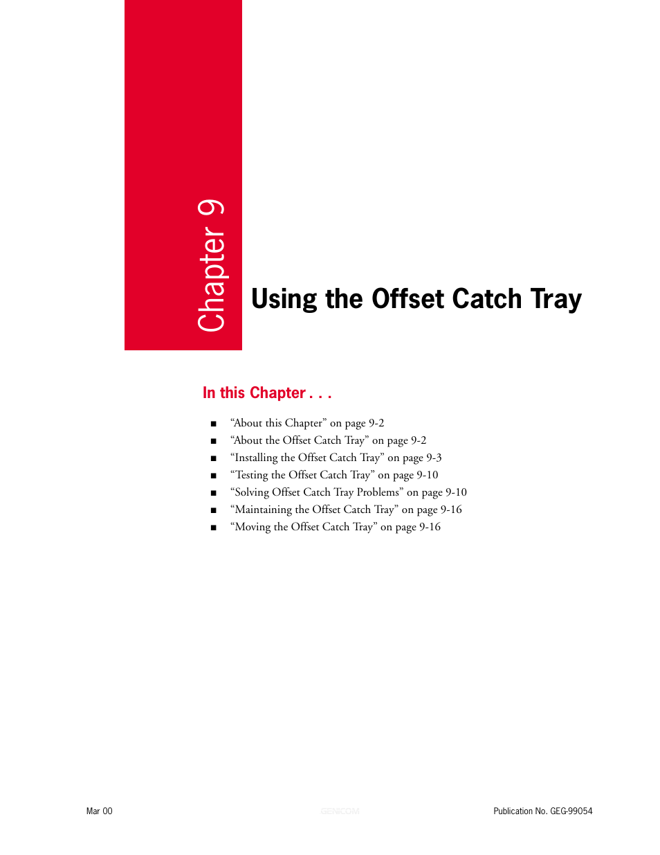 Chapter 9: using the offset catch tray, Chapter 9, Using the offset catch tray 9-1 | Using the offset catch tray | Genicom microLaser 210 User Manual | Page 173 / 212
