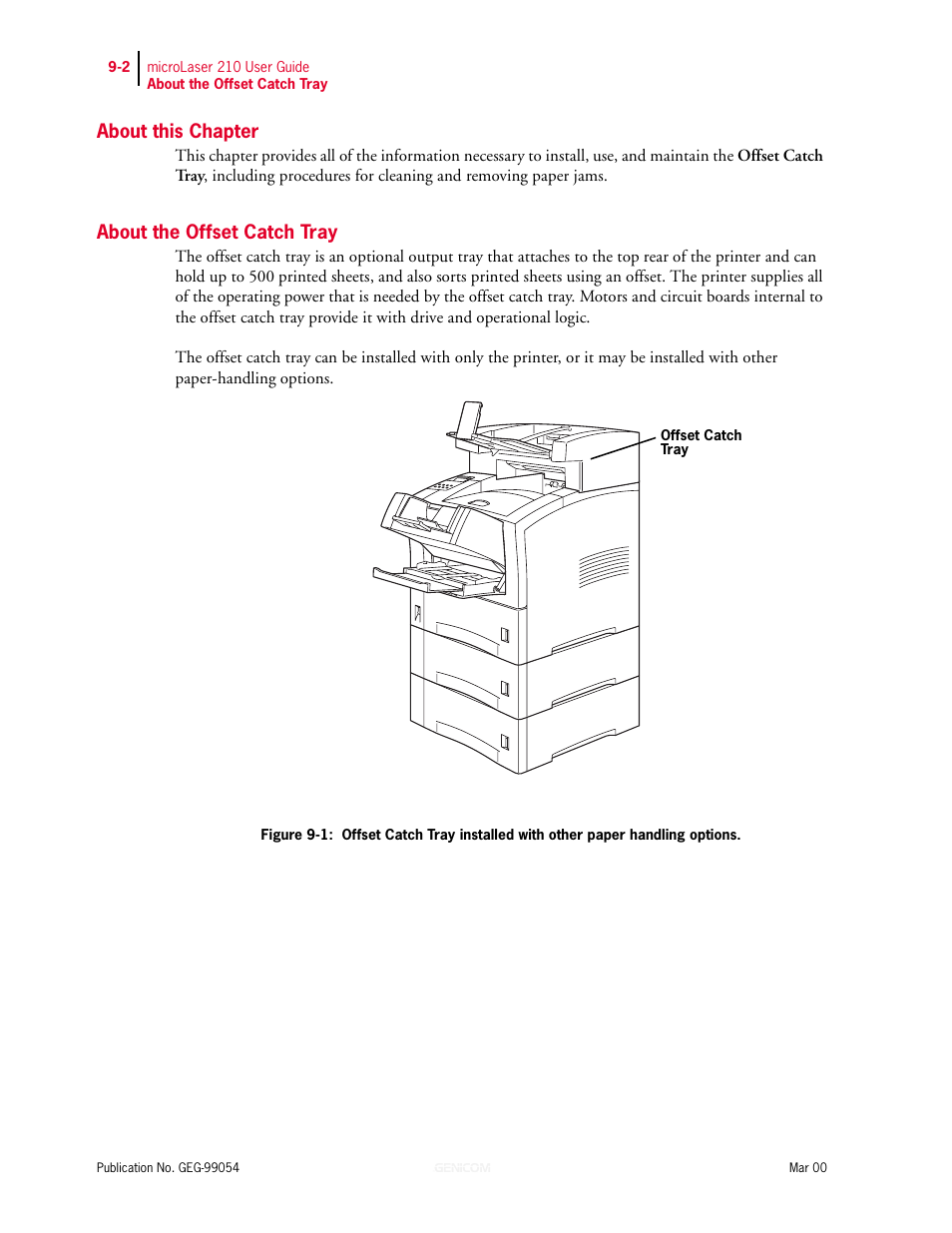 About this chapter, About the offset catch tray, About the offset catch tray 9-2 | Genicom microLaser 210 User Manual | Page 174 / 212