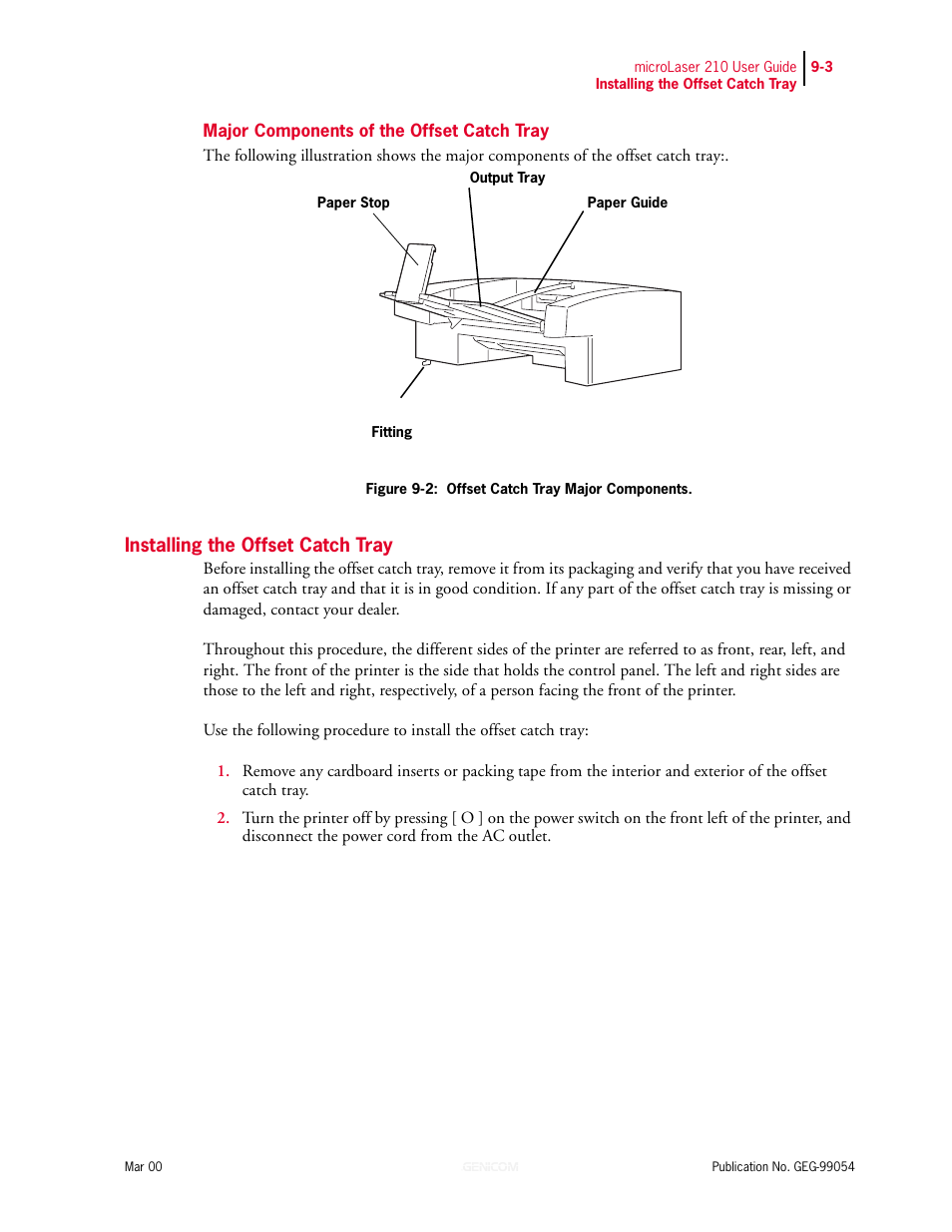 Major components of the offset catch tray, Installing the offset catch tray, Major components of the offset catch tray 9-3 | Installing the offset catch tray 9-3, Printers a-6 | Genicom microLaser 210 User Manual | Page 175 / 212