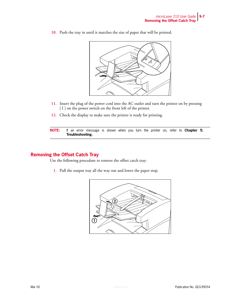 Removing the offset catch tray, Removing the offset catch tray 9-7 | Genicom microLaser 210 User Manual | Page 179 / 212