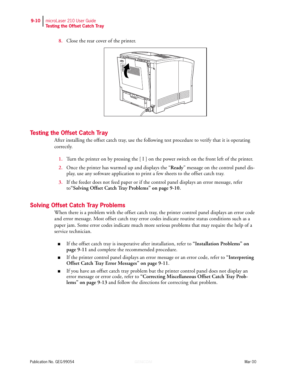 Testing the offset catch tray, Solving offset catch tray problems, Testing the offset catch tray 9-10 | Solving offset catch tray problems 9-10 | Genicom microLaser 210 User Manual | Page 182 / 212