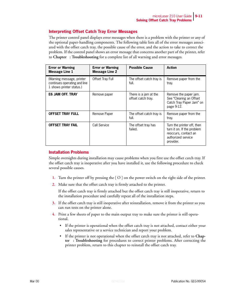 Interpreting offset catch tray error messages, Installation problems | Genicom microLaser 210 User Manual | Page 183 / 212