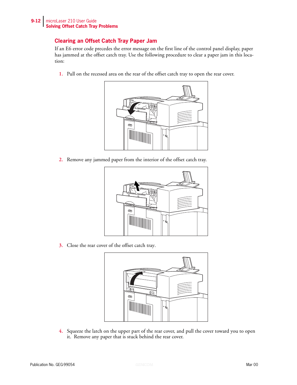 Clearing an offset catch tray paper jam, Clearing an offset catch tray paper jam 9-12 | Genicom microLaser 210 User Manual | Page 184 / 212