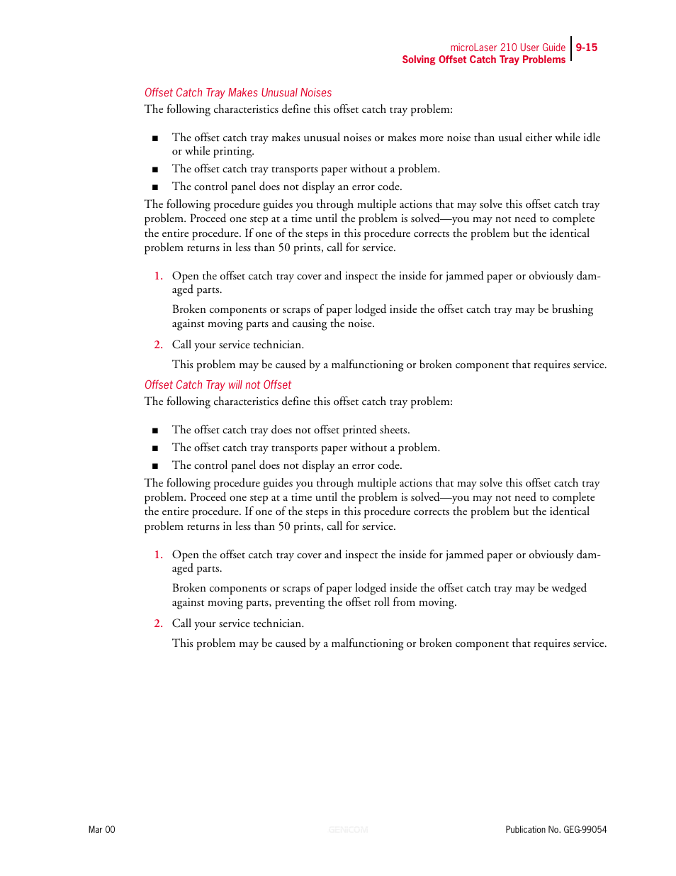 Offset catch tray makes unusual noises, Offset catch tray will not offset | Genicom microLaser 210 User Manual | Page 187 / 212