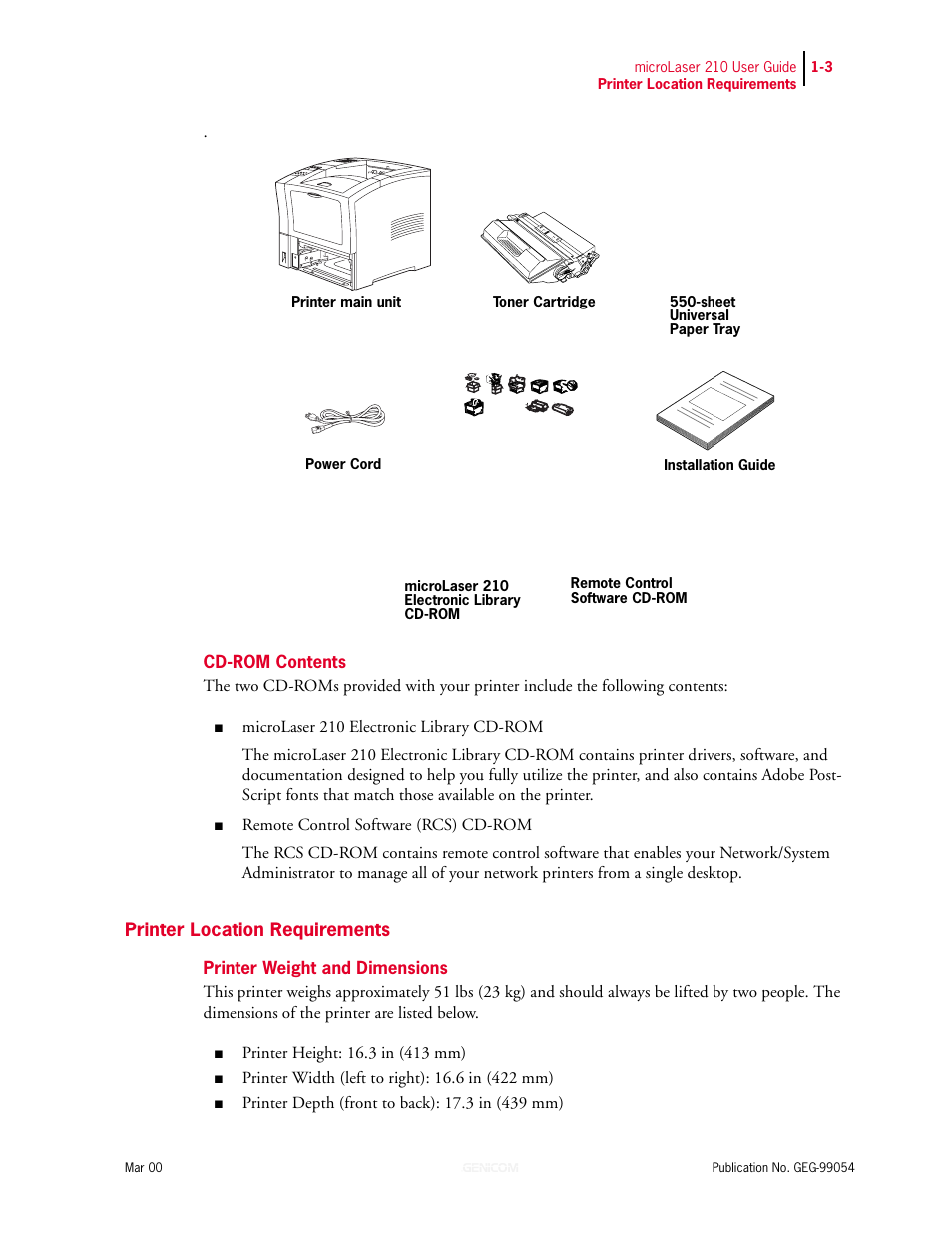 Cd-rom contents, Printer location requirements, Printer weight and dimensions | Cd-rom contents 1-3, Printer location requirements 1-3, Printer weight and dimensions 1-3 | Genicom microLaser 210 User Manual | Page 19 / 212