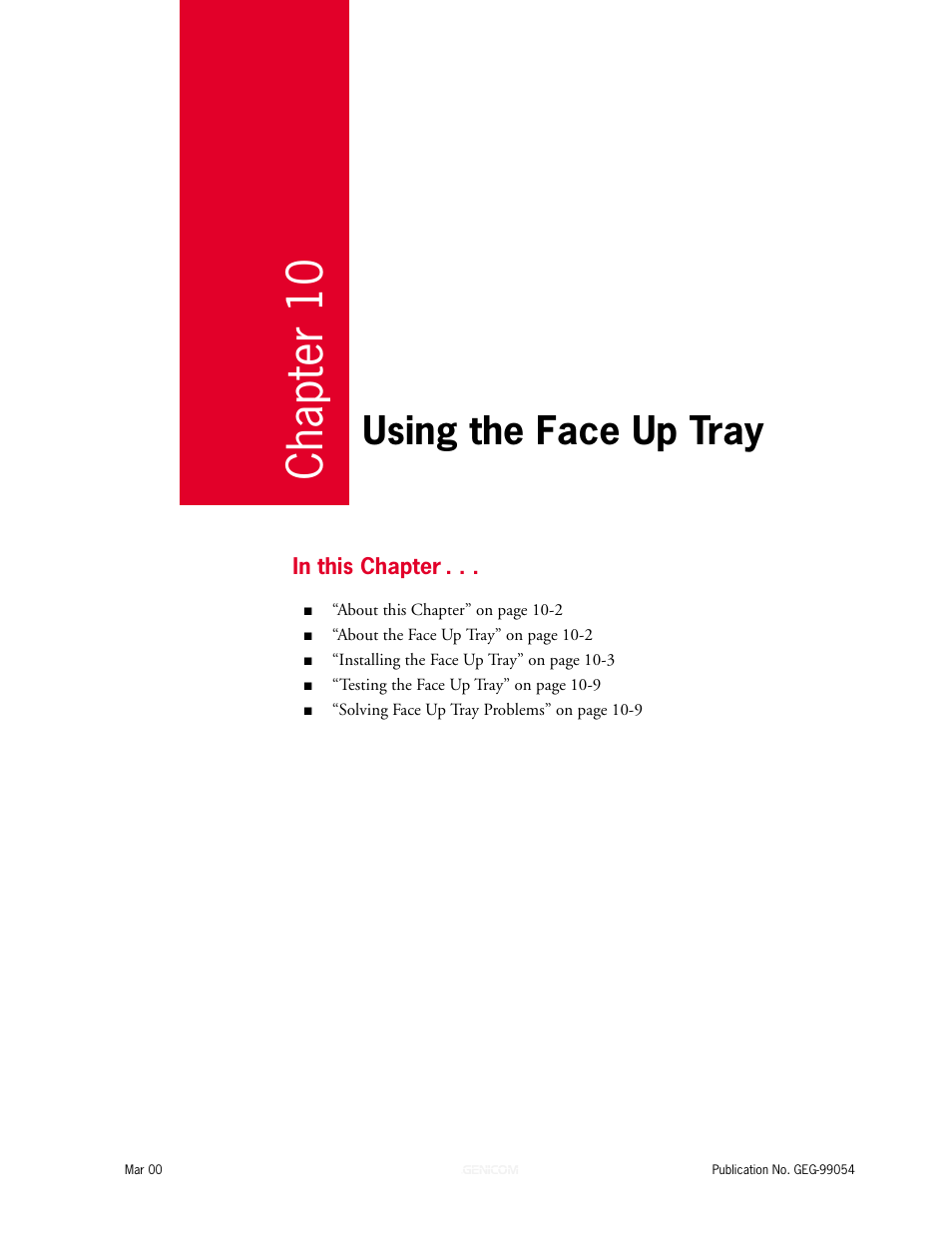 Chapter 10: using the face up tray, Chapter 10, Using the face up tray 10-1 | Chapter 1 0, Using the face up tray | Genicom microLaser 210 User Manual | Page 191 / 212