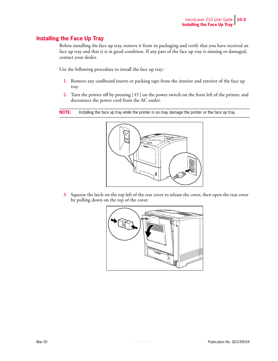 Installing the face up tray, Installing the face up tray 10-3 | Genicom microLaser 210 User Manual | Page 193 / 212