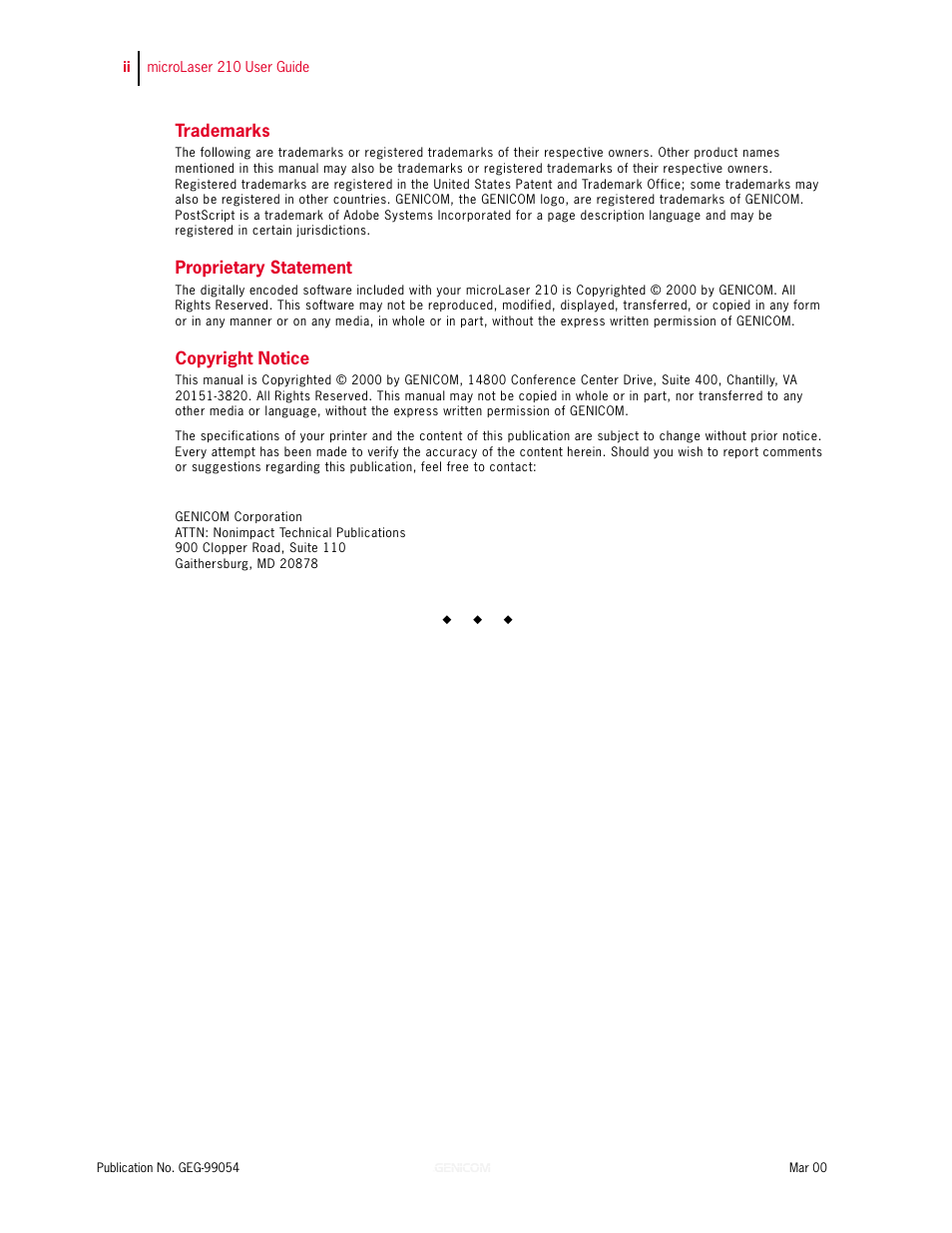 Trademarks, Proprietary statement, Copyright notice | Genicom microLaser 210 User Manual | Page 2 / 212