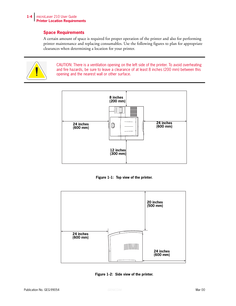 Space requirements, Space requirements 1-4 | Genicom microLaser 210 User Manual | Page 20 / 212