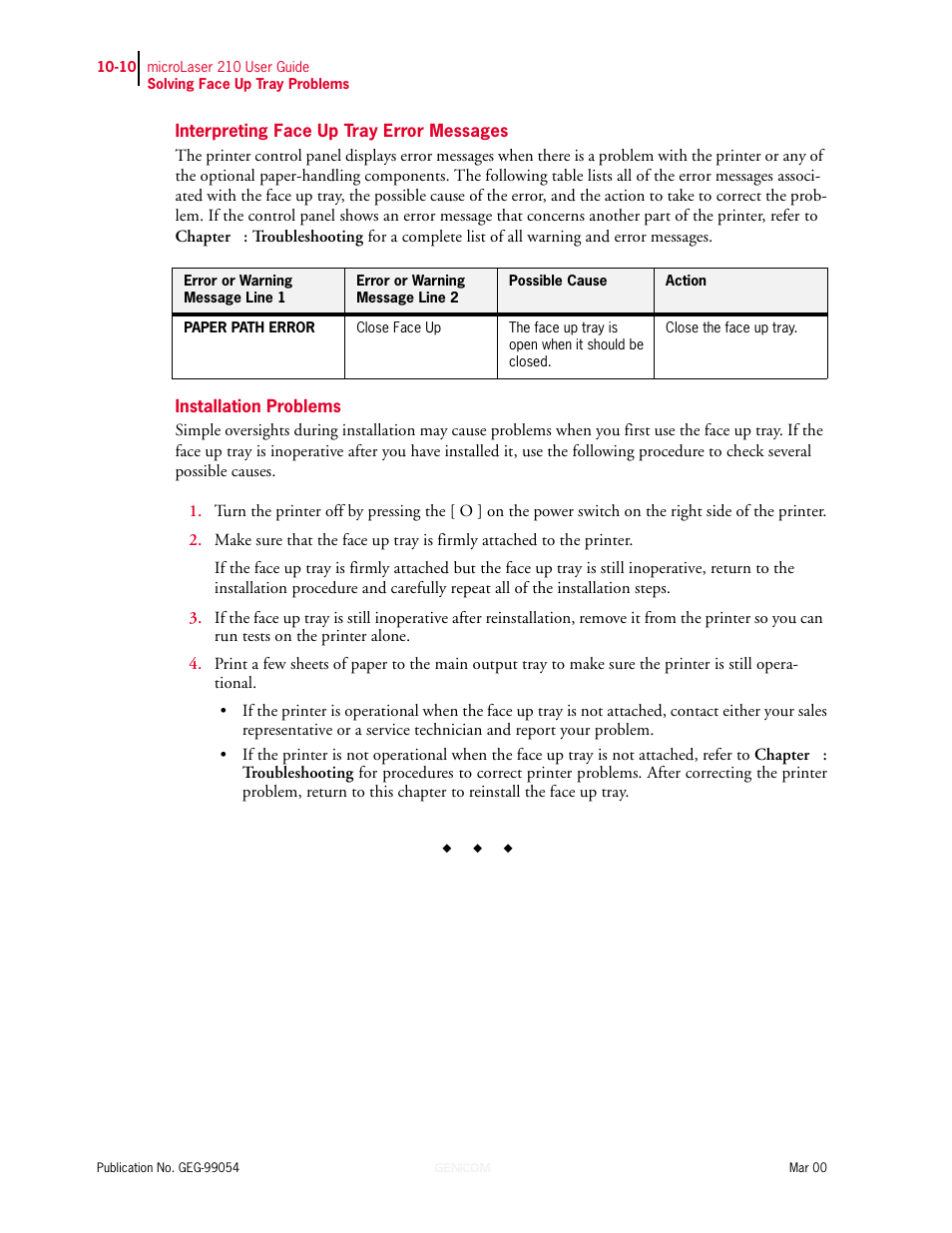 Interpreting face up tray error messages, Installation problems | Genicom microLaser 210 User Manual | Page 200 / 212